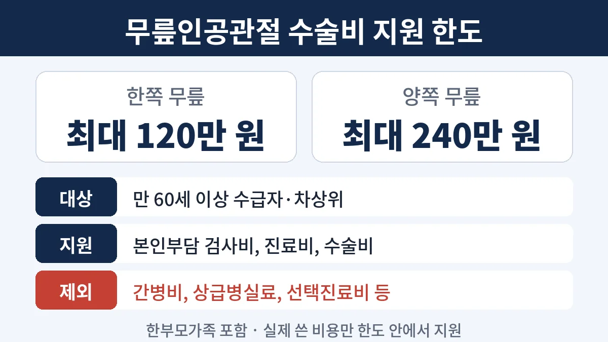 노인 무릎인공관절 수술비 지원 한도 표, 한쪽 120만 원과 양쪽 240만 원